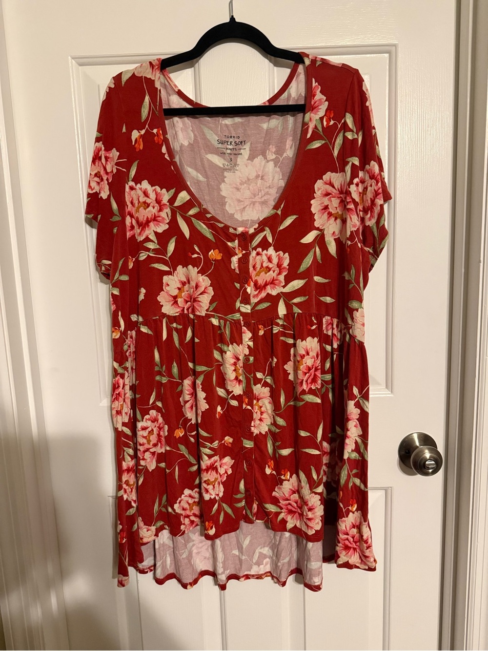 Torrid Super Soft Knits Floral Henley Babydoll Tunic Top Rust Red 3X
